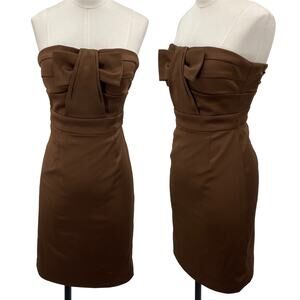 Vintage Y2k BCBG Mini Dress Strapless Bow Bodice Bodycon Twill Brown Womens 0